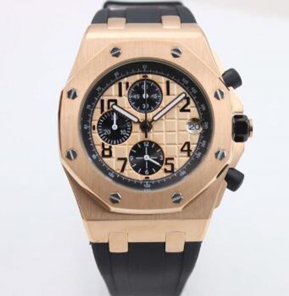 

royal oak offshore quartz chronograph outdoor exquisite mens watch watches satch 42mm gold dial with black rubber strap, Slivery;brown