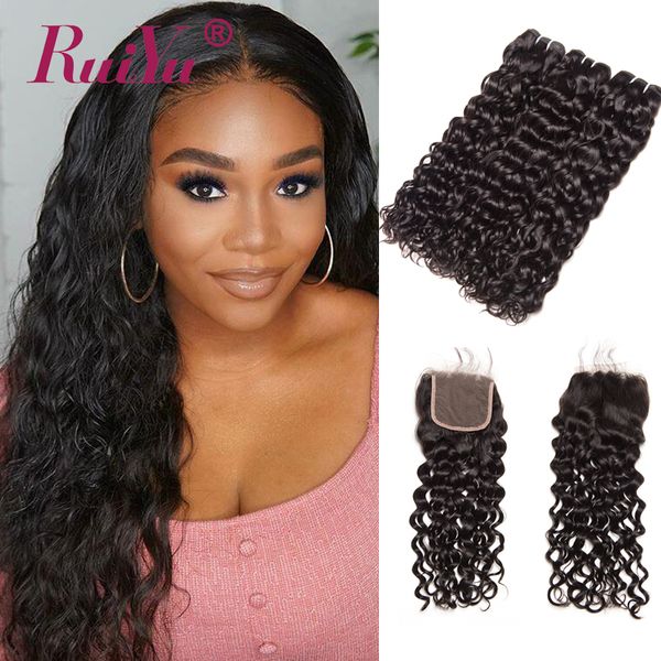 

малайзийская волна воды человеческих волос пучки с закрытие 3 связки с закрытие ruiyu remy наращивание волос три средний свободный часть кру, Black;brown