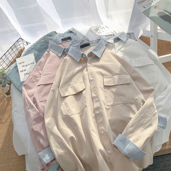 

spring new dress shirt men fashion solid color casual shirt man streetwear trend wild long-sleeved male clothes s-2xl, White;black