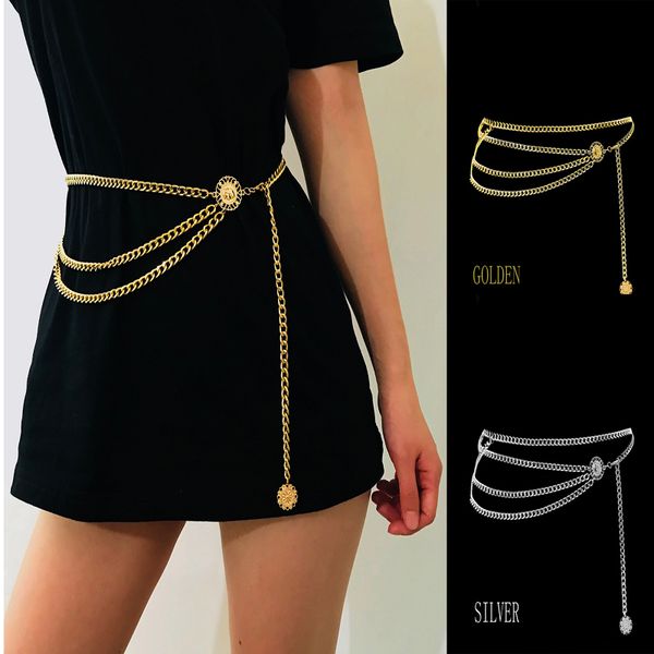 

new luxury designer brand metal chain belt for women golden coin personality hip hop style female tassel metal belts chain, Black;brown