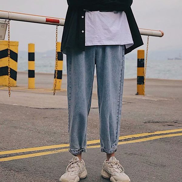 

hong kong style 2020 fashion casual denim jeans men's trendy wild korean loose pants fall wide leg straight jeans men, Blue