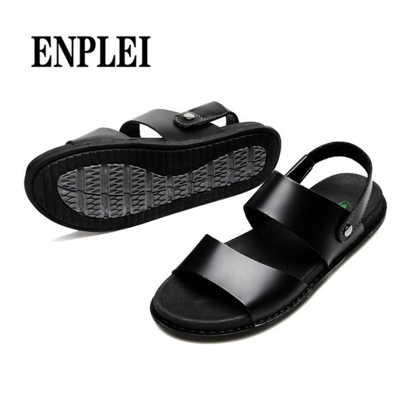 

enplei натуральной кожи сандалия мужской лето открытого пляж обувь повседневная обувь полная коровья квартира шлепанцы размера 39-44, Black