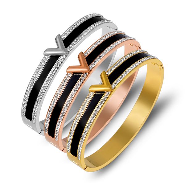 

classic full crystals letter v bangles & bracelets gold black women jewely stainless steel charm cuff bangle bijou accessory