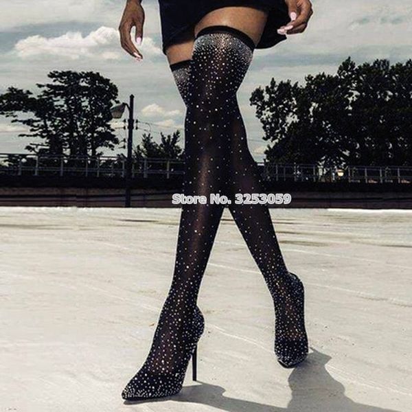

almudena women bling bling over the knee boots black see-through stretchy sock stiletto heels long boots nightclub shoes