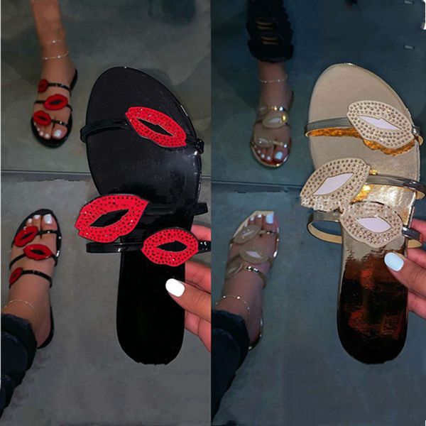 

women casual red lips slippers diamond bling & club summer shoes 3 straps sandals flat bottom flip flops beachwear sand stylish 0168, Black