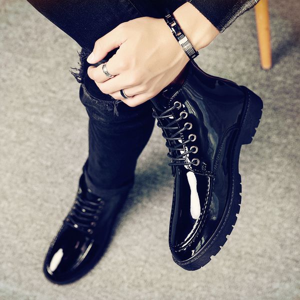 

men shoes high-ankle leather casual shoes winter warm british-style short boots men's worker boot patent leather bright surface, Black