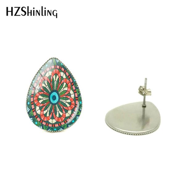 

2019 new colorful mandala flowers pattern charming mandala tear drops shaped earring glass cabochon sliver jewelry earrings, Golden;silver