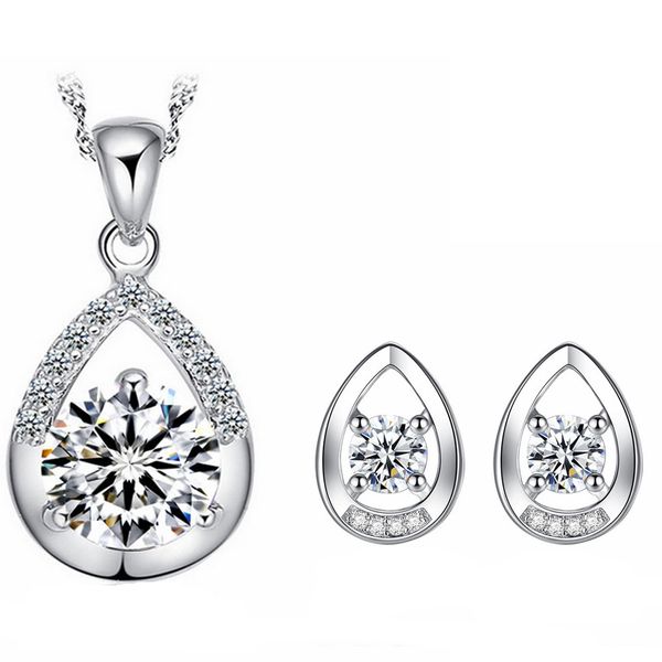 

cubic zirconia water droplets cz crystal stud earrings necklace pendants wedding bride fashion jewelry sets anti allergy, Silver