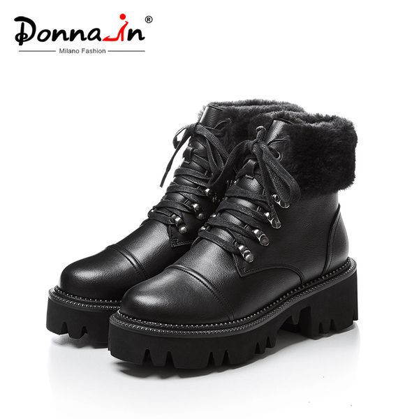 

donna-in 2019 winter high platform snow boots for women with warm plush natural leather women shoes rivet gothic botas feminina, Black