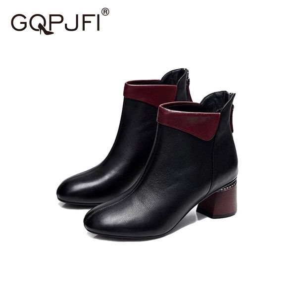 

fashion boots women leather western boots thick heel high heel ankle solid round toe winter soft bottom flats, Black