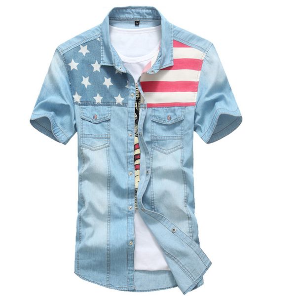 

men new summer american flag blue jeans shirts fashion male patchwork casual washed short sleeve denim shirt homme camisa, White;black