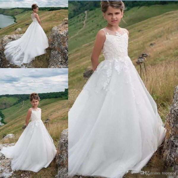 Beyaz zarif güzel şeffaf mücevher boyun dantel Çiçek Aplikler Bir Çizgi Küçük Kız Düğün Pageant Elbiseleri