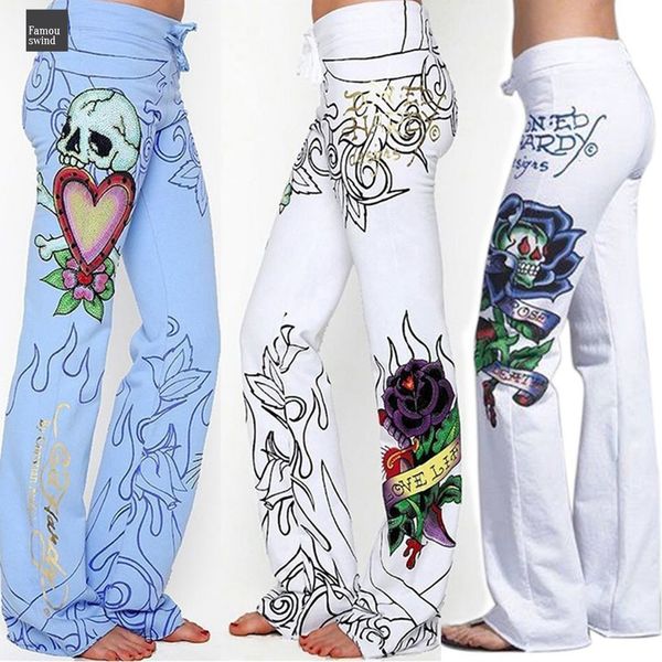 

брюки длинных хиппи wide leg boho голубых розы мода женщина багги череп белая высокая талия printed, Black;white