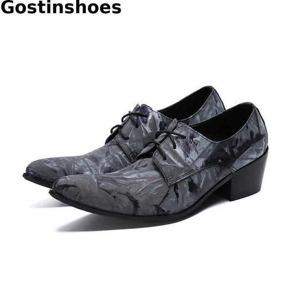 

men derby shoes genuine leather printed lace up men casual leather shoes pointed toe fashion leisure daily height increase, Black