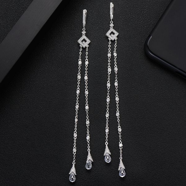 

larrauri luxury trendy long tassels earrings fashion jewelry mirco paved cubic zirconia engagement wedding drop earrings, Silver