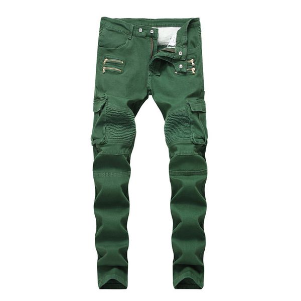 

2019 brand wrinkled slim mid waist mens jeans army green pockets mens straight jeans with zipper, Blue