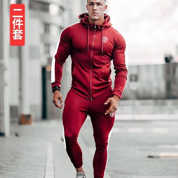 

muscle sportsman autumn & winter new style sports fitness suit casual long sleeve running hooded pullover hoody training suit, White;red