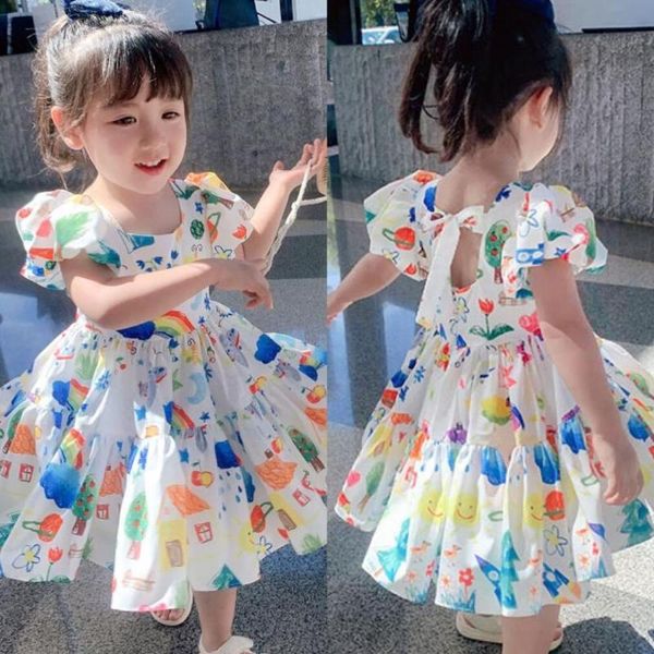 

flower girls dress summer backless princess sweet children costume baby girl clothes christmas cute doodle dress kids wear, Red;yellow