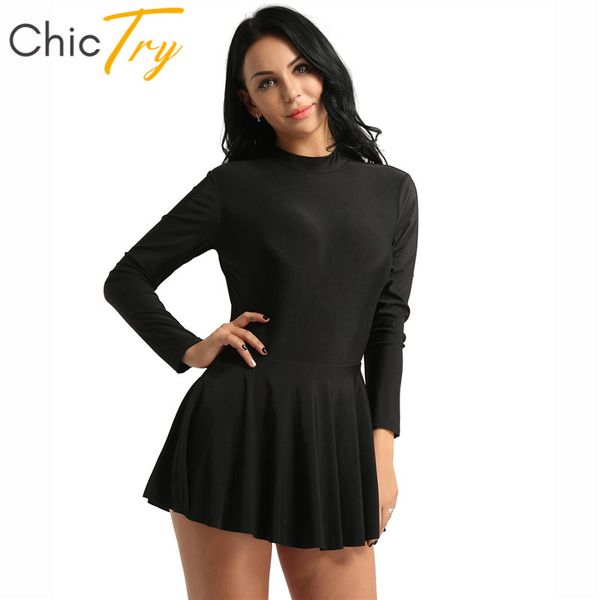 

chictry women long sleeve gymnastics leotard back zippered figure skating ballet tutu leotard dress stage dance costumes, Black;red