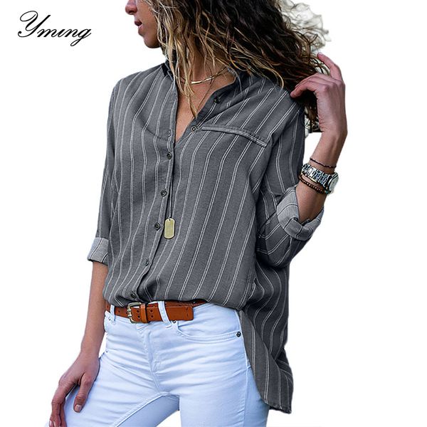 

yming striped print boho women blouse button chiffon office long sleeve blouse shirt casual tunic turn down collar blusas, White