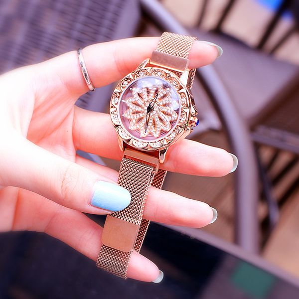 

shiny luxury zircon dial rotating quartz watch ladies watch female diameter 34mm female table magnet lazy strap, Slivery;brown