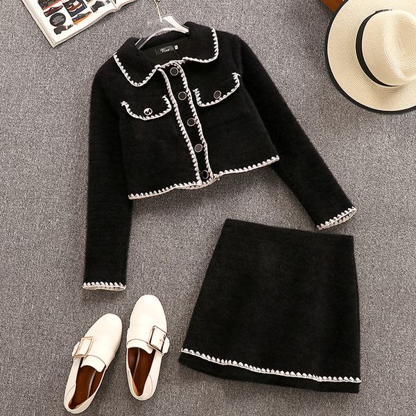 

autumn and winter suit women 2019 new temperament double pockets decorative lace stitching jacket + skirt two-piece suit women, White