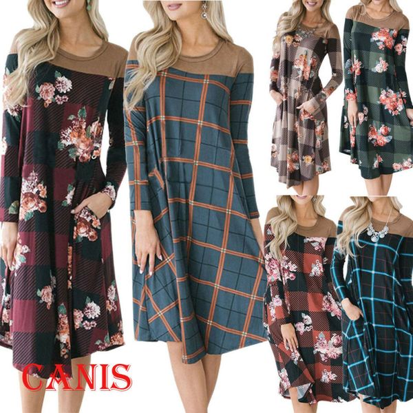

womens 2019 autumn fashion floral print long sleeve plaid dress ladies boho long maxi summer party vestidos for female women, Black;gray