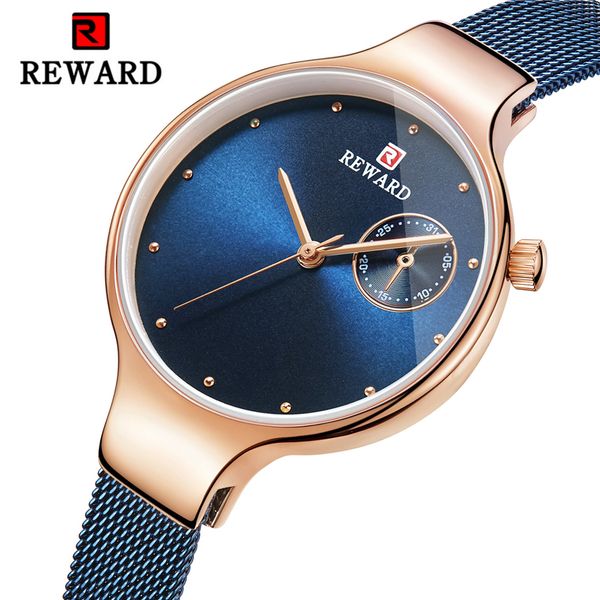 

reward women quartz watch blue steel mesh strap fashion ladies bracelet wristwatch waterproof calendar clocks relojes para mujer, Slivery;brown