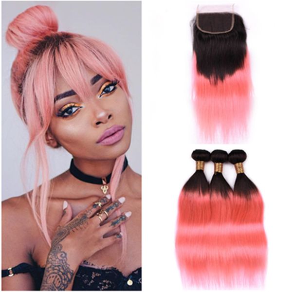 # 1B / Ombre oro rosa capelli umani lisci 3 pacchi e chiusura 4 pezzi / lotto Ombre trame di tessuto brasiliano capelli umani rosa con chiusura in pizzo 4x4