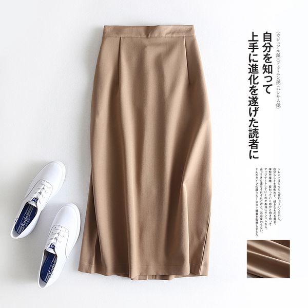 

2020 autumn winter elastic midi korea skirt for women solid black khaki high waist womens skirts woman slit skirt with pockets