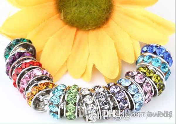 

u3522 100 pcs/lot 10mm 12mm white mixed multicolor rhinestone silver plated big hole crystal european beads spacer, loose bead bracelets w62