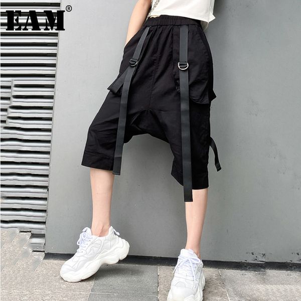 

eam] high elastic waist black ribbon split harem trousers new loose fit pants women fashion tide spring summer 2020 1w695, Black;white
