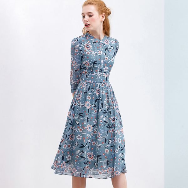 

ONLYPLUS Autumn Chiffon Print Dress For Women Stand Casual Button Style Open The Chest Knee Dress Sweet Vestidos 2019