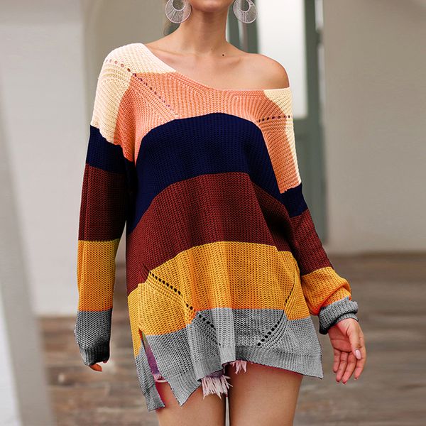 

laamei new 2019 spring fashion korean women rainbow oversized long knitted sweater cape femme warm sweaters sueter mujer, White;black