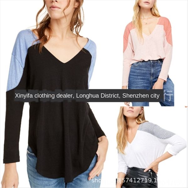 

2020 women's color matching t- pullover v-neck long sleeve pullover loose base shirt t-shirt top, White