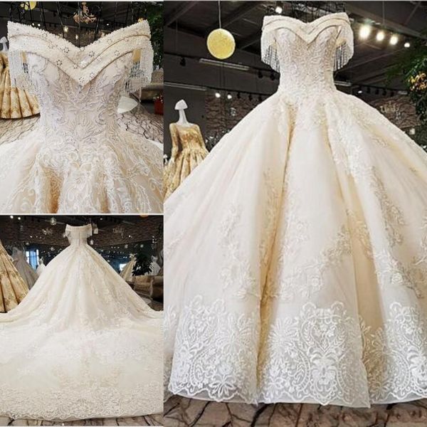 

vintage v-neck off the shoulder a-line wedding dresses 2020 bead appliques satin wedding bridal gowns plus size middle east vestido de novia