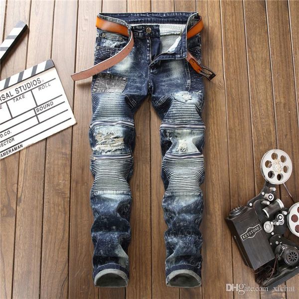 

mens distressed pleated zipper straight leg jeans fashion designer retro washed bleached slim fit denim pants streetwear trousers 8004, Blue