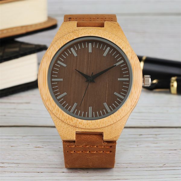 

coffee brown dial bamboo watch quartz timepiece reloj men's watches genuine leather wristwatch for male simple casual clock, Slivery;brown