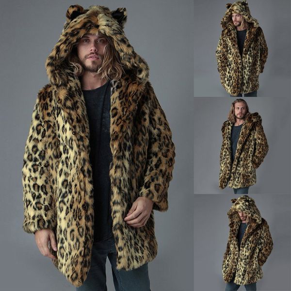 

erkek mont veste homme chaqueta hombre coat mens warm leopard thick coat jacket faux fur outwear overcoat erkek mont casaco, Black