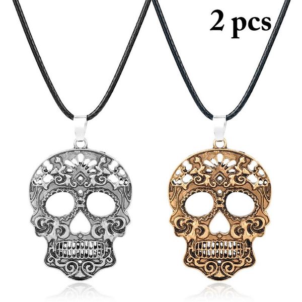 

2pcs skull necklace skull pendant zinc alloy necklaces pendants black leather chain pendant necklace for halloween gift, Silver