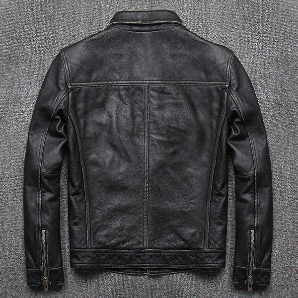 

black vintage genuine leather jacket men 100% cowhide motorcycle jacket solid lapel zipper real leather biker coat mens clothes
