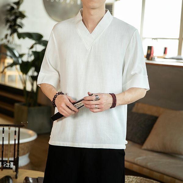 

5xl traditional chineese style linen t-shirt men short sleeve streetwear vintage blouse male v-neck summer shirt man xxxxxl, Red