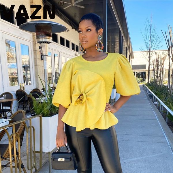 

vazn 2020 summer lady yellow solid fashion tees half lantern sleeve o-neck floral ruffles lady elegant tees, White