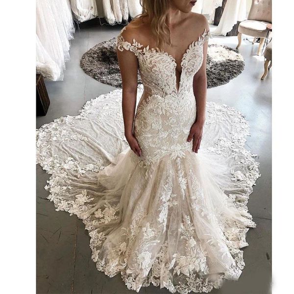 

unique backless lace floral mermaid wedding dresses sheer neck cap sleeve modern vestido de noiva 2020 irregularity train, White