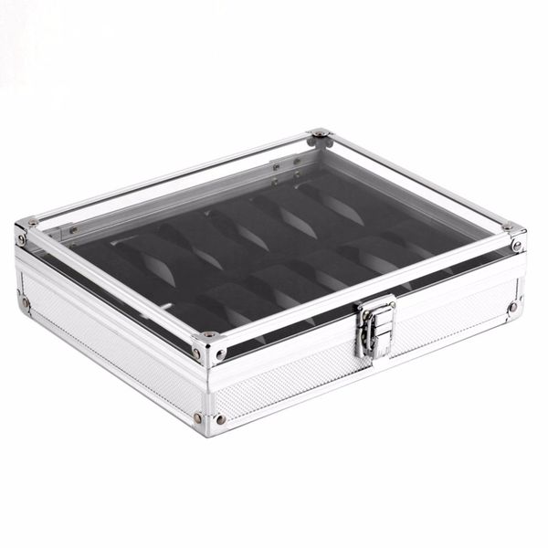 

professional 12 grid slots watch box jewelry display storage square box case aluminium suede inside container, Black;blue