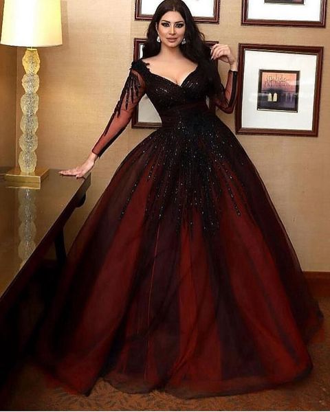 

new arrival sheer long sleeves evening dress v neck full hand beading crystal party dresses evening gowns black arabic dubai formal dress, Black;red