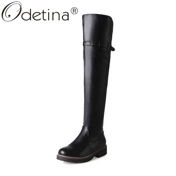 

odetina women fashion sewing round toe over the knee boots female winter retro block mid heel side zipper platform riding boots, Black