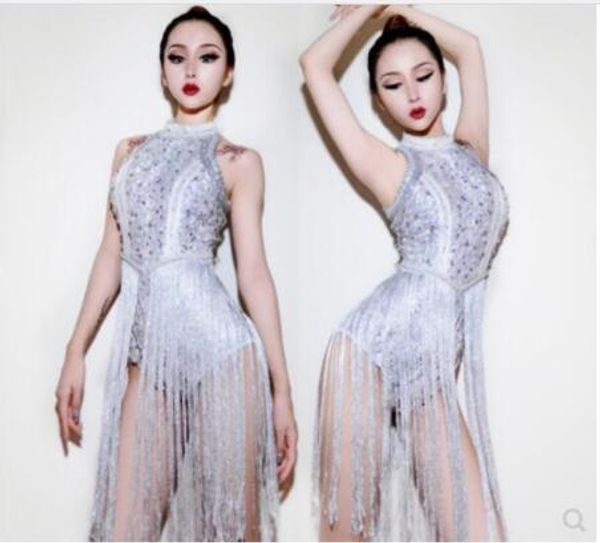 

2019 rhinestones silver tassel bodysuit birthday celebrate outfit bar evening women singer dancer prom show clothes, Black;red