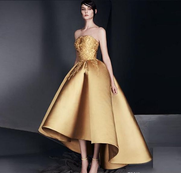 

2020 elegant gold lace applique prom dress strapless high-low ruffle evening gown new design stain homecoming dresses, Black;red
