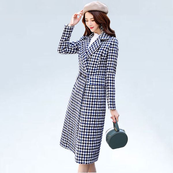 

new stylish 2019 designer wool coat women's double breasted lion buttons houndstooth tweed long coat women winter jackets, Black